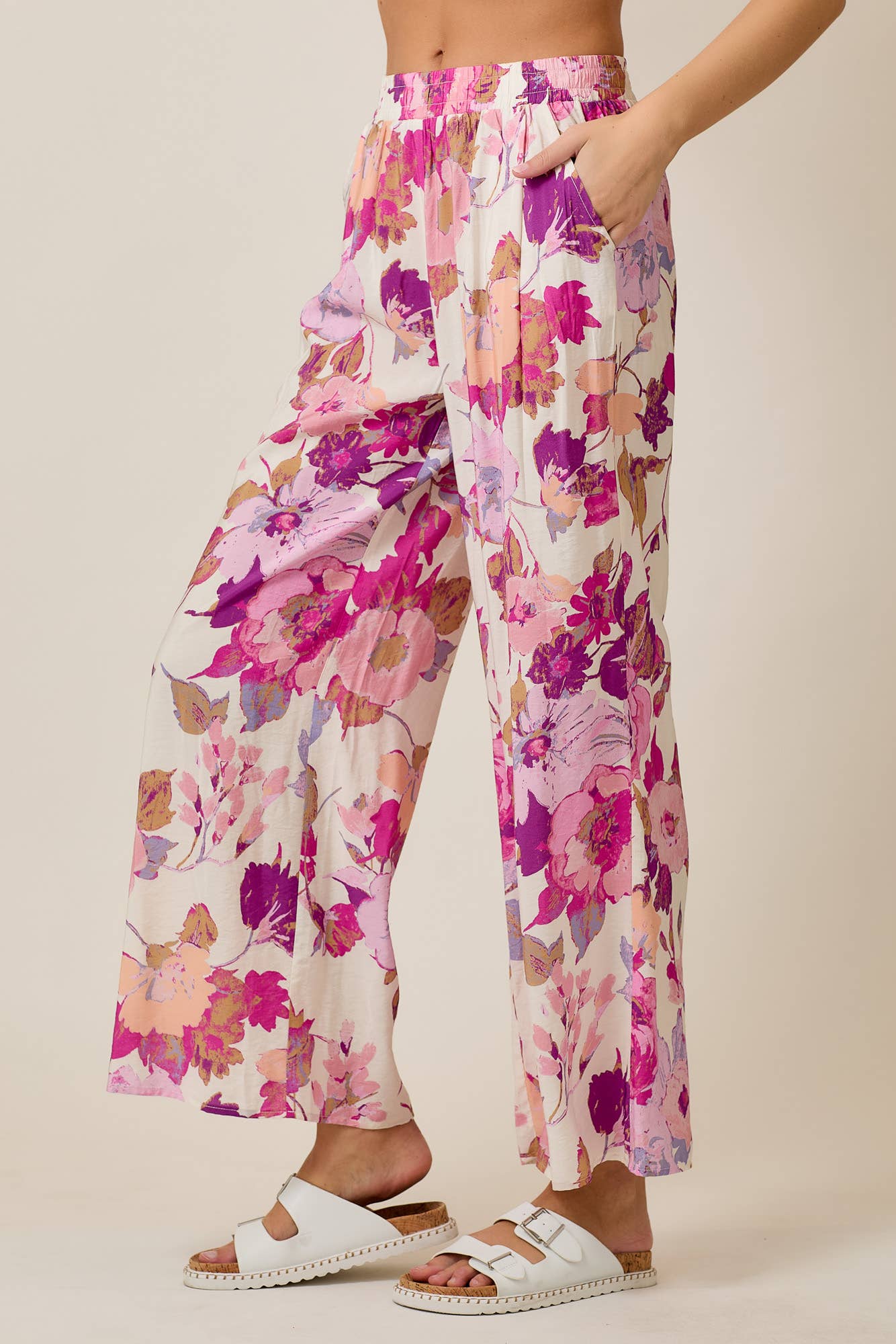 Skylar Rose - Floral Wide-Leg Pants with Elastic Waistband & Pockets