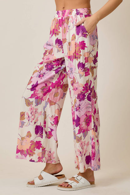 Skylar Rose - Floral Wide-Leg Pants with Elastic Waistband & Pockets