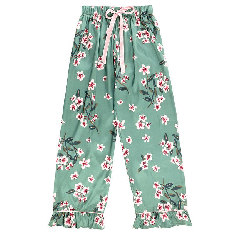 Ruffled PJ Set with Velvet Tie - Green + Cherry Blossoms