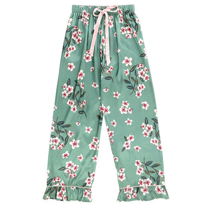 Ruffled PJ Set with Velvet Tie - Green + Cherry Blossoms