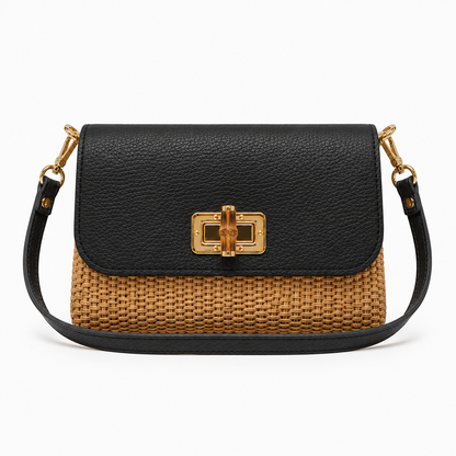 Leather Bamboo Clasp & Raffia Crossbody Bag