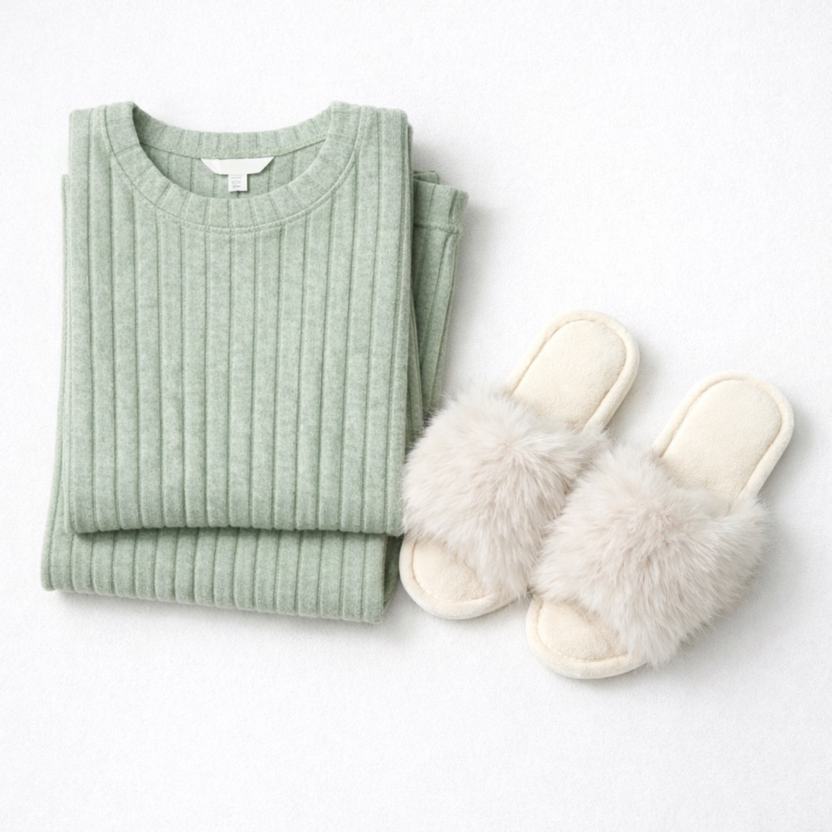 Ribbed Pajama Set + Faux Fur Slippers