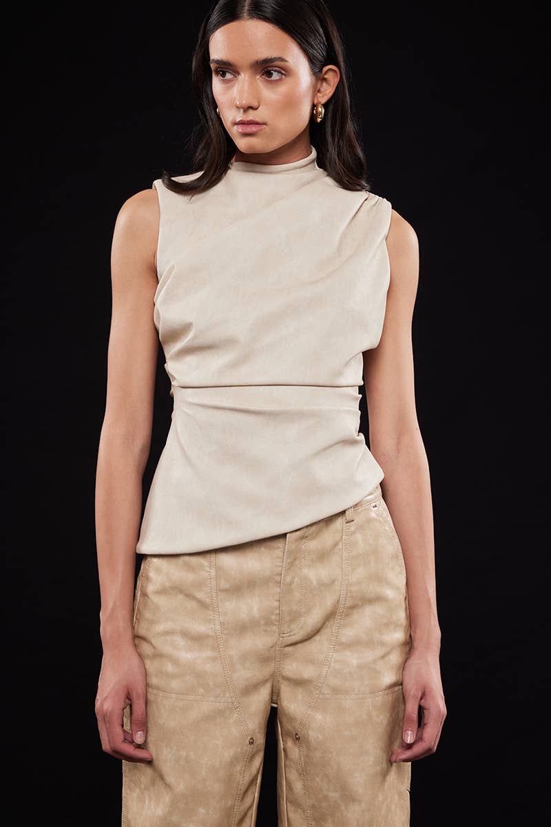 Asymmetric Pleather Mock Neck Sleeveless Top