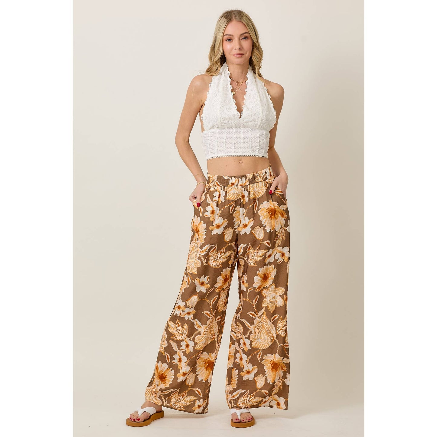 Skylar Rose - Floral Print Wide Leg Pants With Pockets
