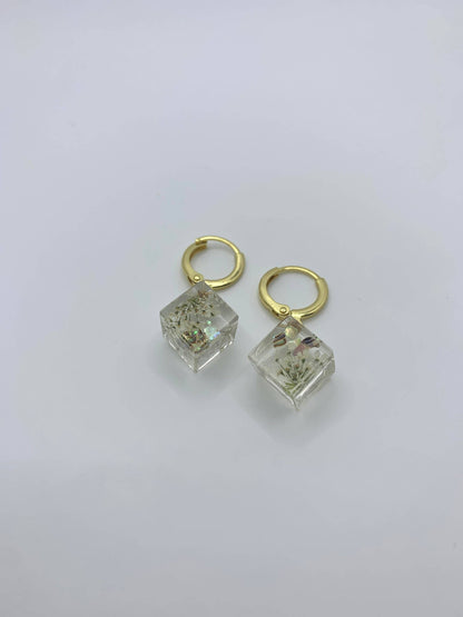 Unique Preserved Dandelion Cube Earrings