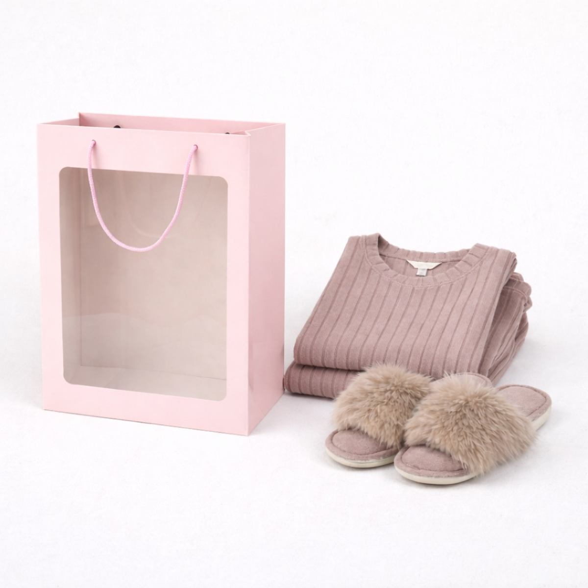 Ribbed Pajama Set + Faux Fur Slippers