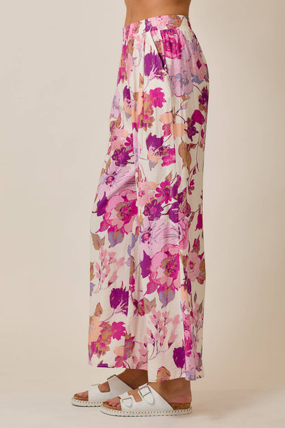 Skylar Rose - Floral Wide-Leg Pants with Elastic Waistband & Pockets