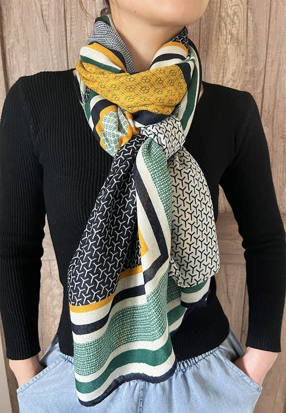 Green Multi Geometric Pattern Cotton-Wool Wrap Scarf