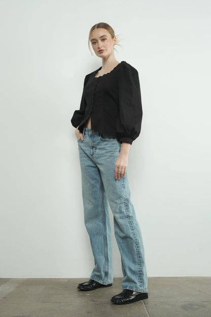 Square Neck Scallop Edge Hemline Blouse
