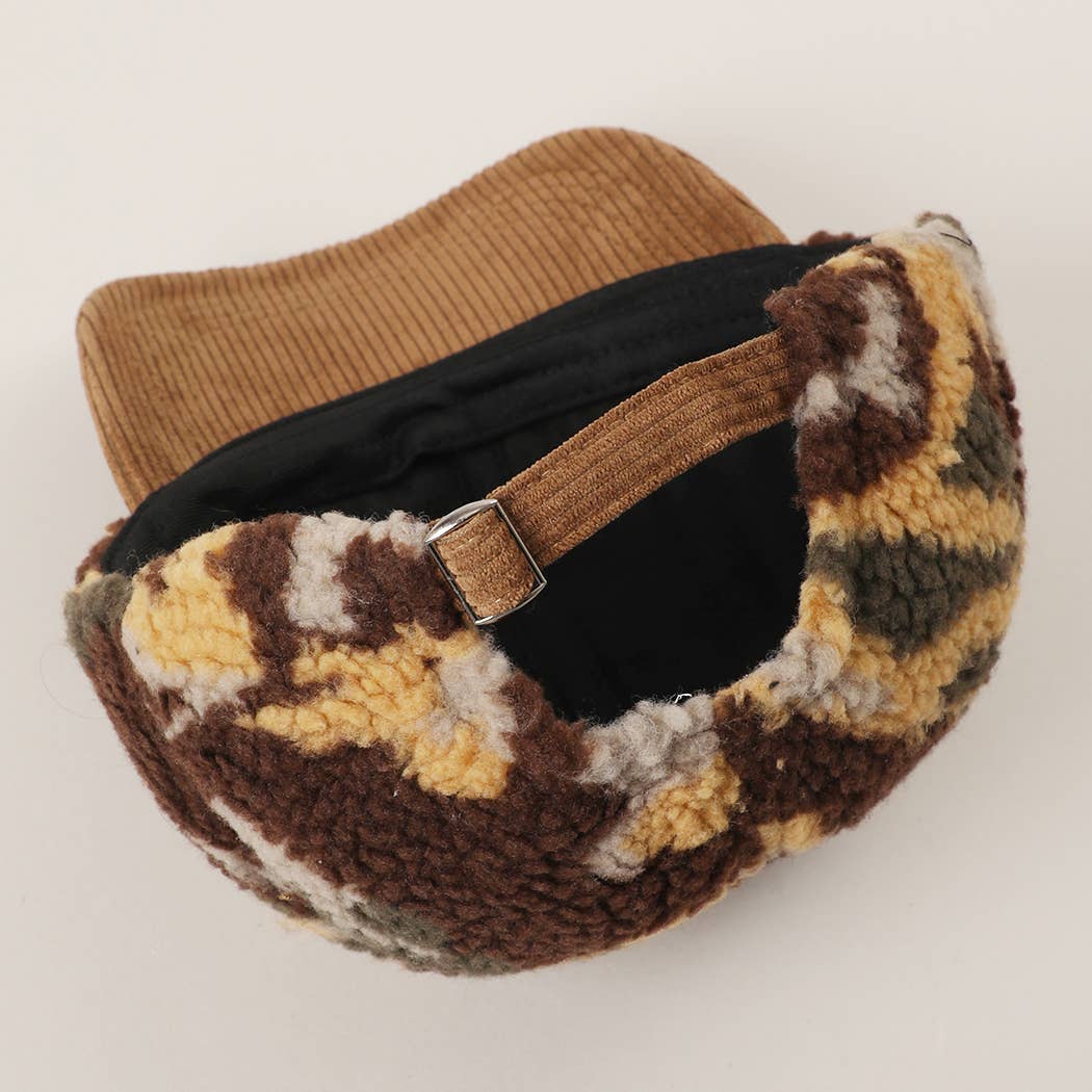 Sherpa Fleece Camo Baseball Cap with Corduroy Brim