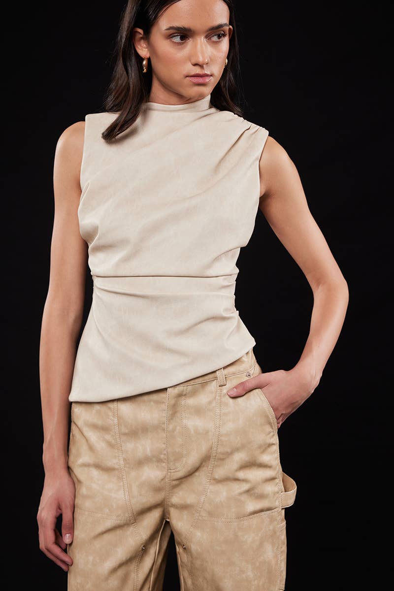 Asymmetric Pleather Mock Neck Sleeveless Top