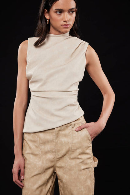 Asymmetric Pleather Mock Neck Sleeveless Top