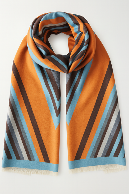Elegant Orange Multi Striped Cashmere Blend Large Wrap Scarf