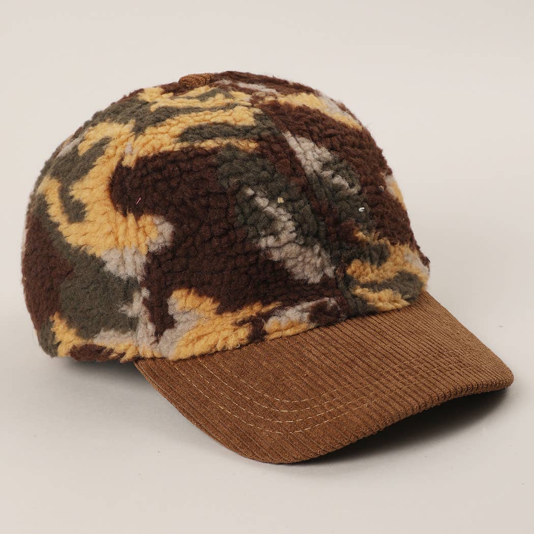 Sherpa Fleece Camo Baseball Cap with Corduroy Brim
