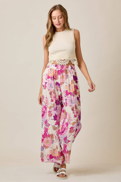 Skylar Rose - Floral Wide-Leg Pants with Elastic Waistband & Pockets