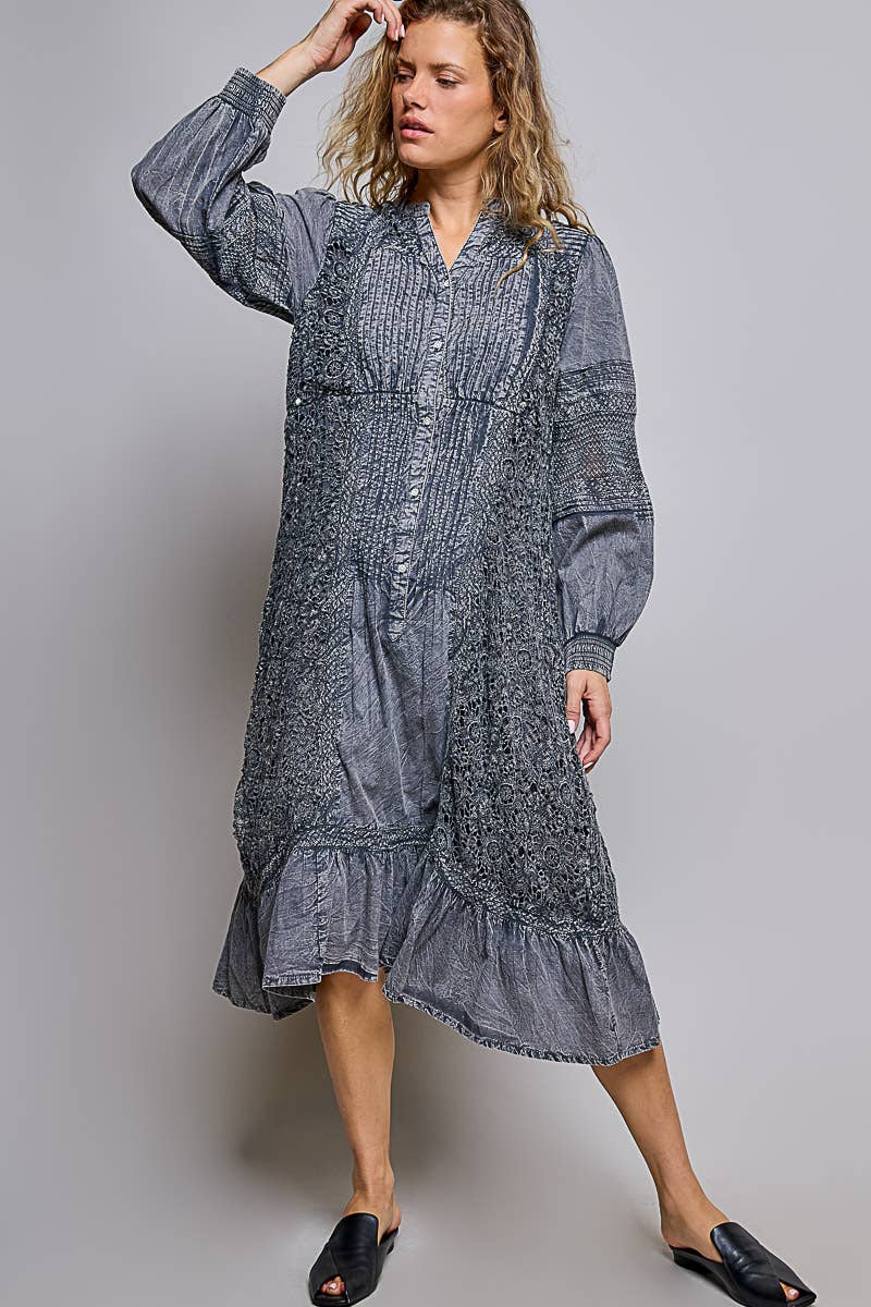 Vintage Pintuck Ruffle Washed Boho Dress