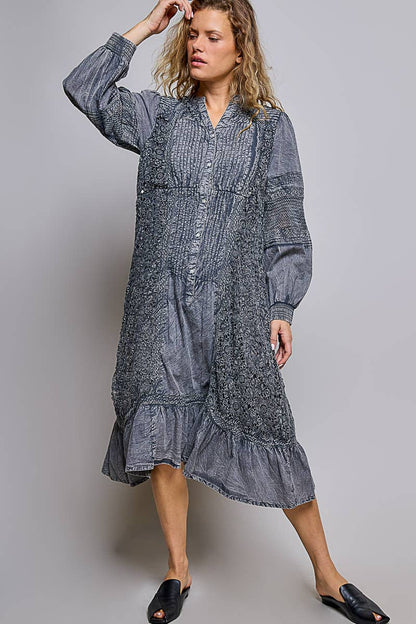 Vintage Pintuck Ruffle Washed Boho Dress