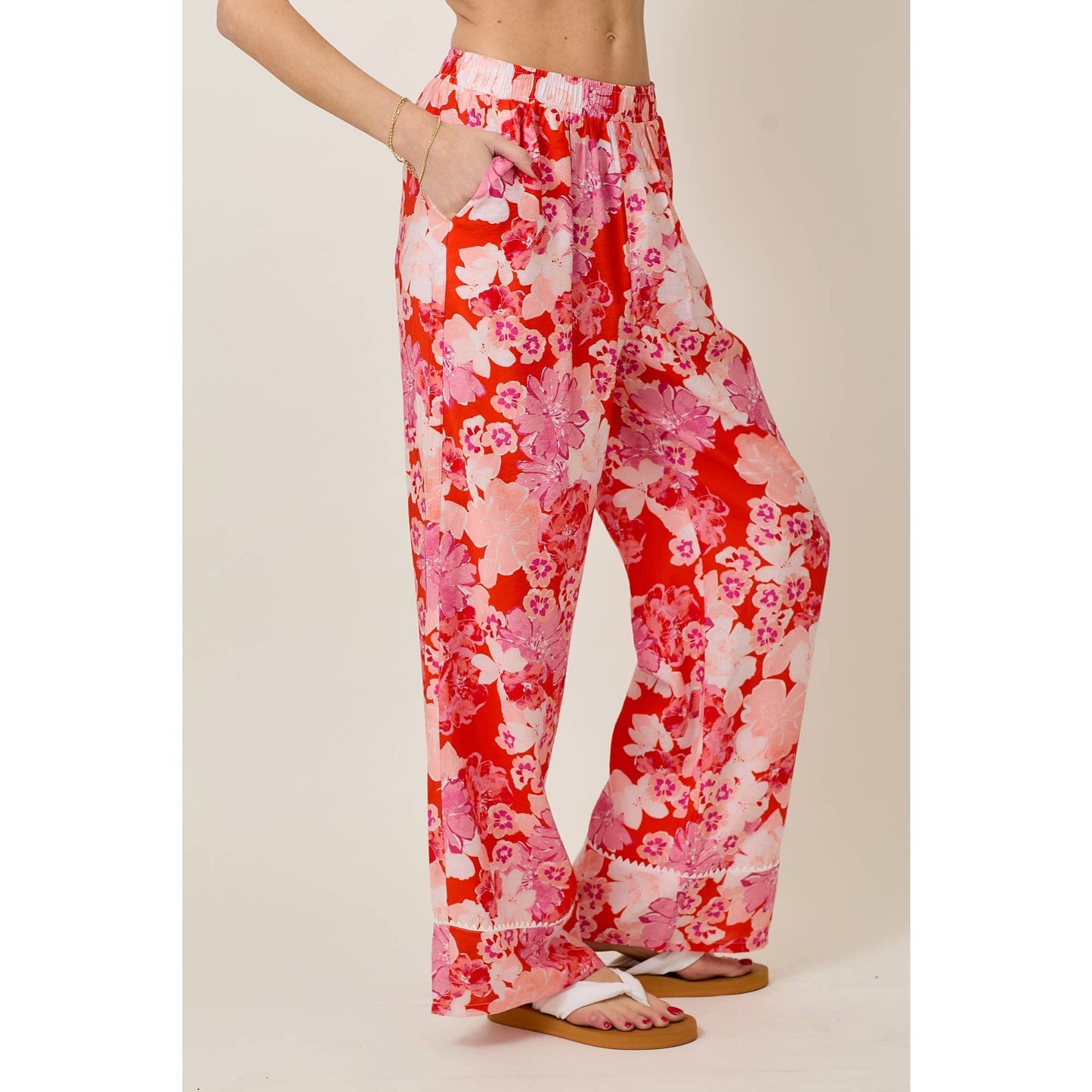 Skylar Rose - Floral Print Elastic Waistband Wide Leg Pants
