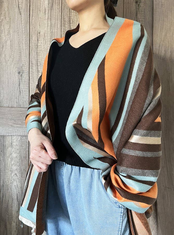Elegant Orange Multi Striped Cashmere Blend Large Wrap Scarf