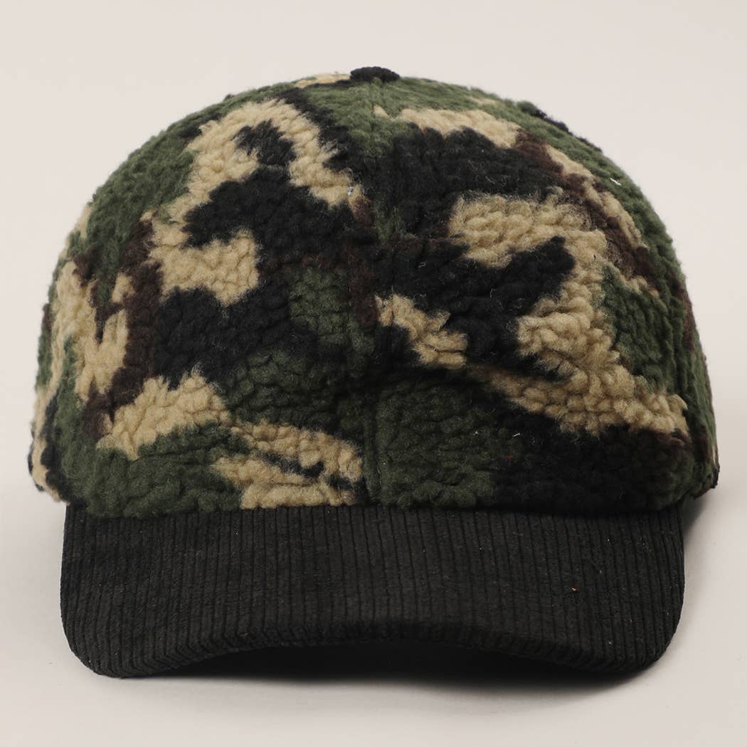 Sherpa Fleece Camo Baseball Cap with Corduroy Brim