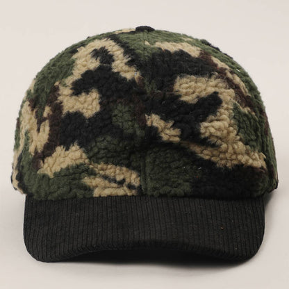 Sherpa Fleece Camo Baseball Cap with Corduroy Brim