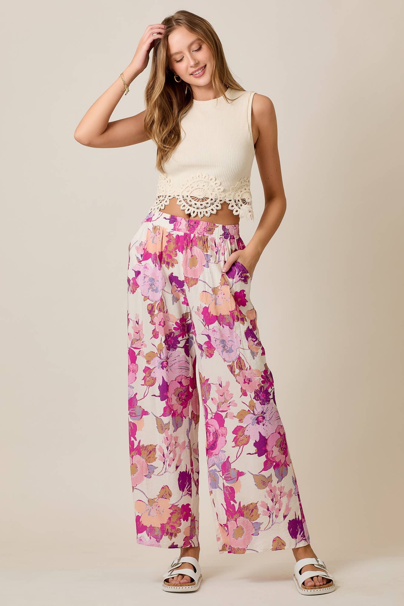 Skylar Rose - Floral Wide-Leg Pants with Elastic Waistband & Pockets