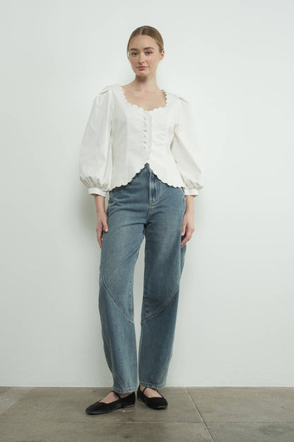 Square Neck Scallop Edge Hemline Blouse