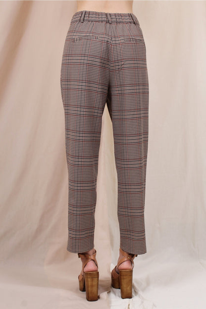 High Waisted Brown Plaid Pleated Chic Pants