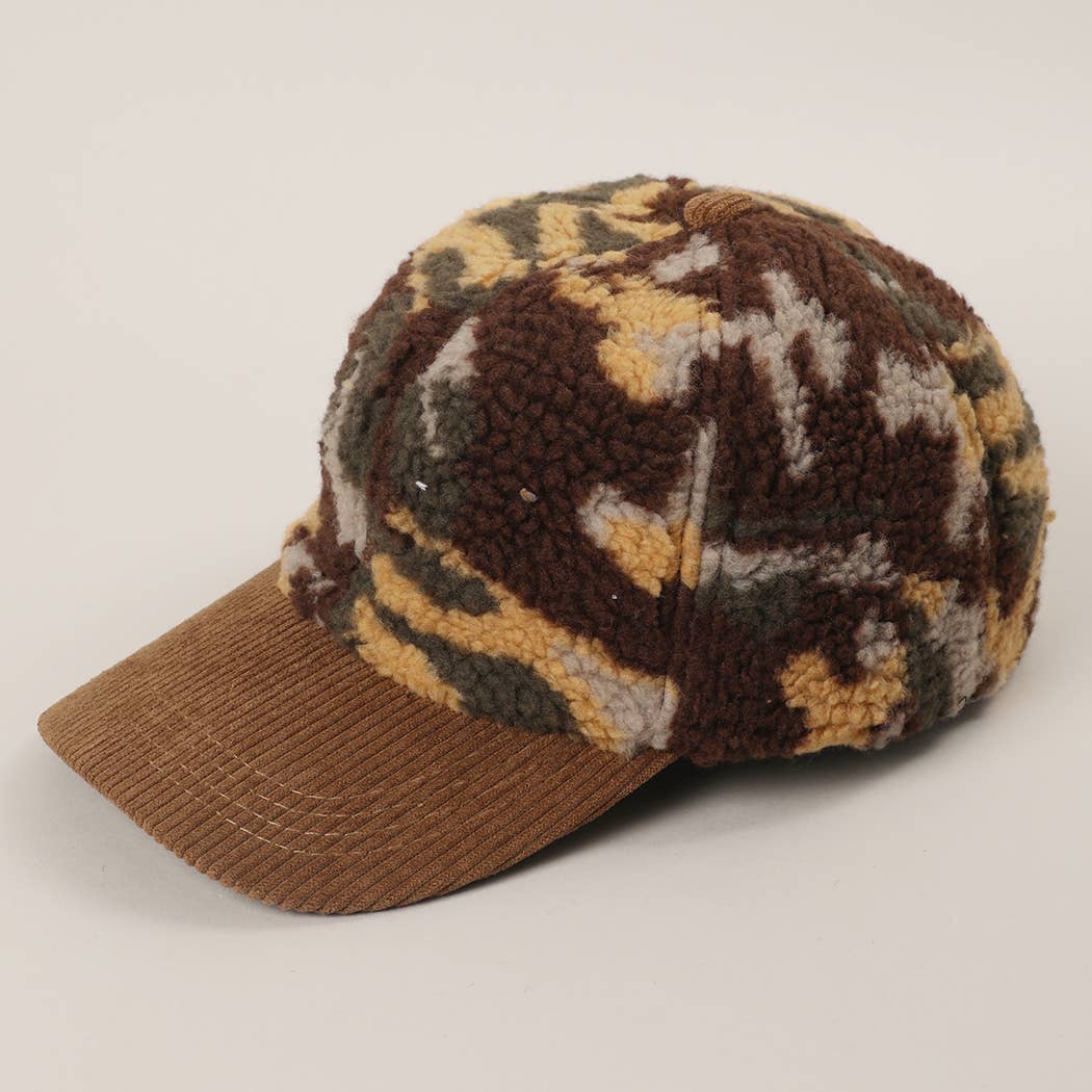 Sherpa Fleece Camo Baseball Cap with Corduroy Brim