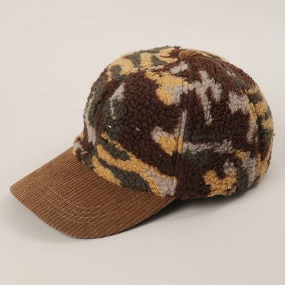 Sherpa Fleece Camo Baseball Cap with Corduroy Brim