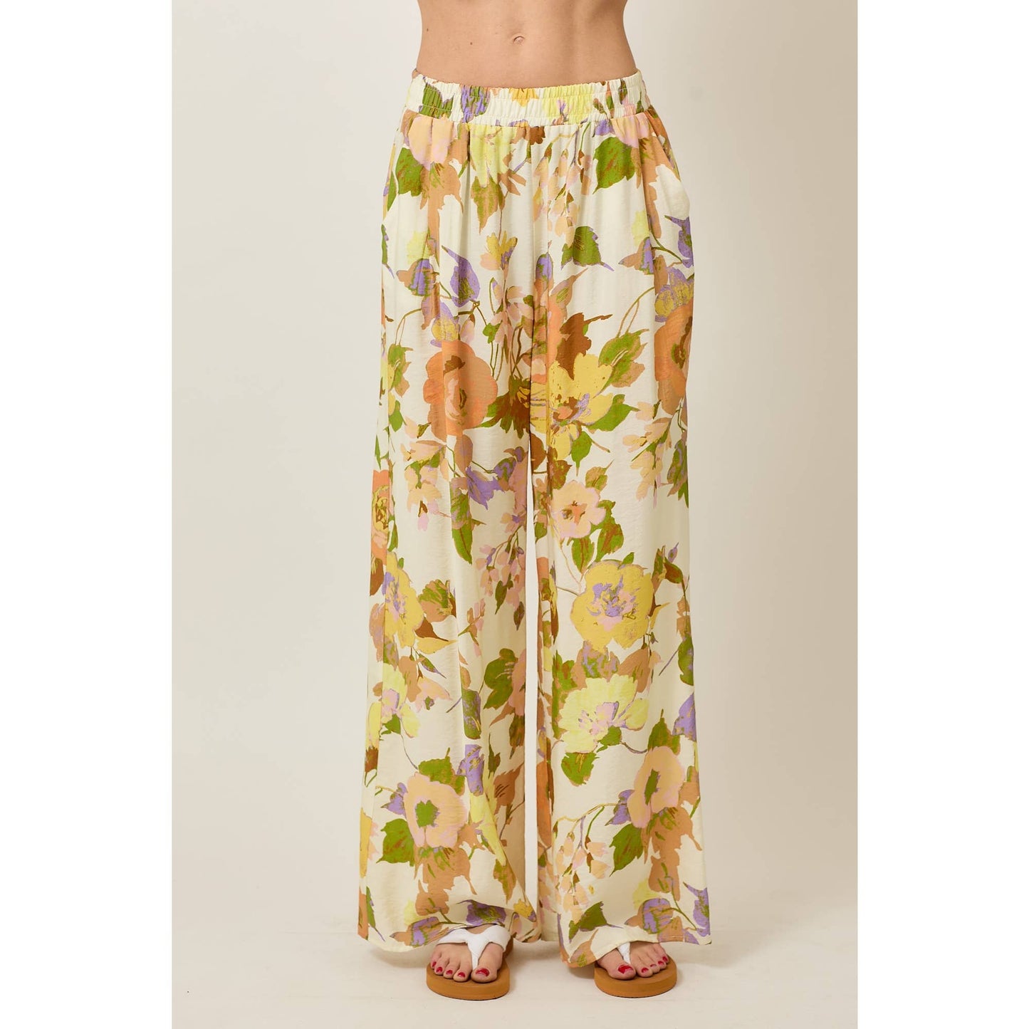 Skylar Rose - Floral Wide-Leg Pants with Elastic Waistband & Pockets