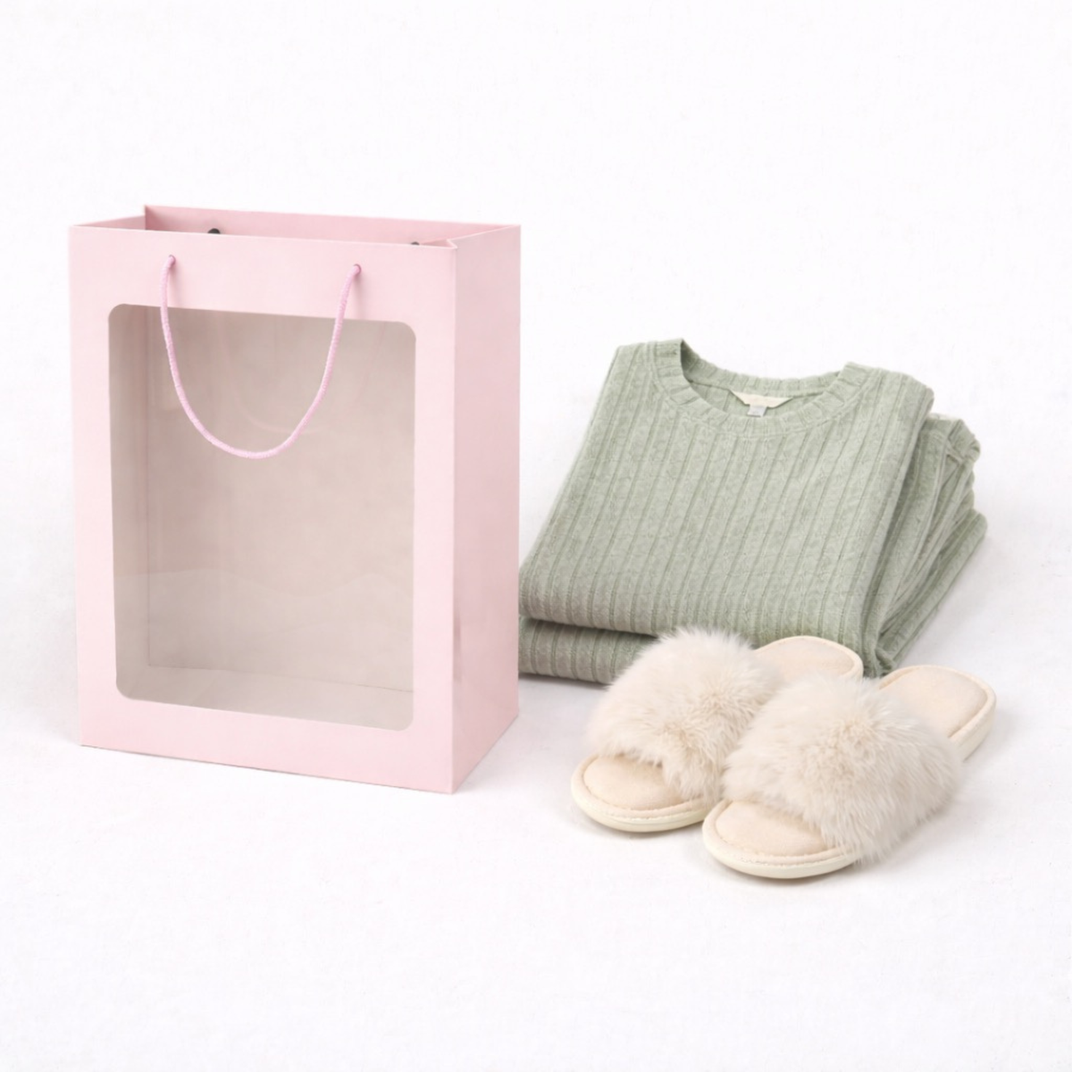 Ribbed Pajama Set + Faux Fur Slippers