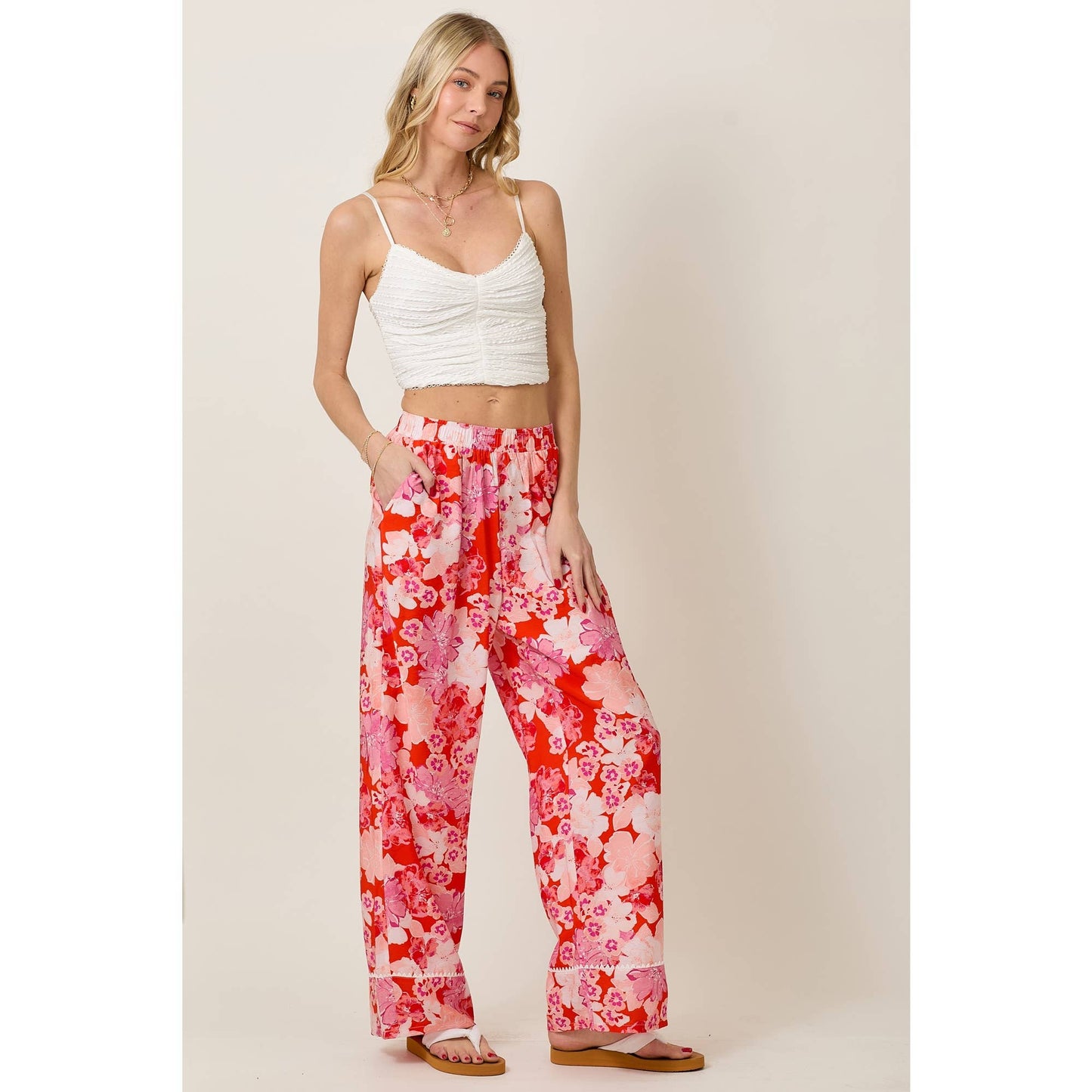 Skylar Rose - Floral Print Elastic Waistband Wide Leg Pants