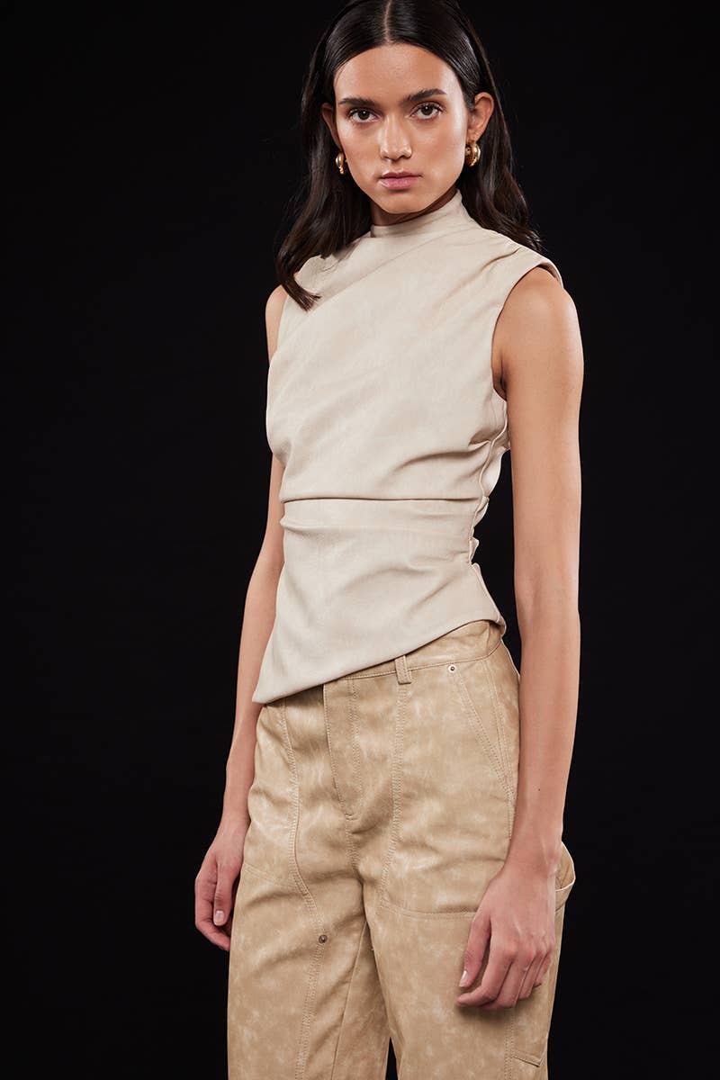 Asymmetric Pleather Mock Neck Sleeveless Top