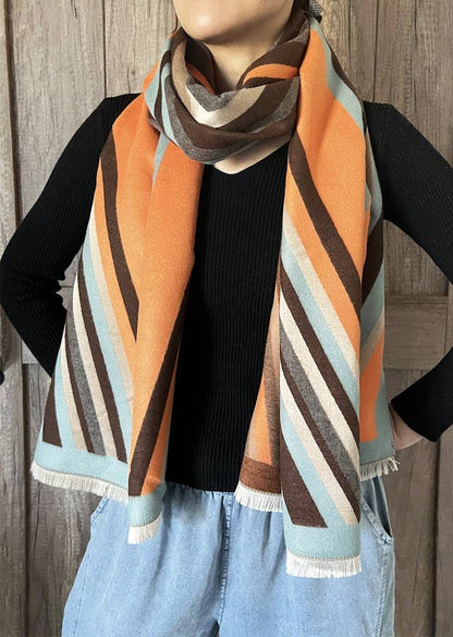 Elegant Orange Multi Striped Cashmere Blend Large Wrap Scarf