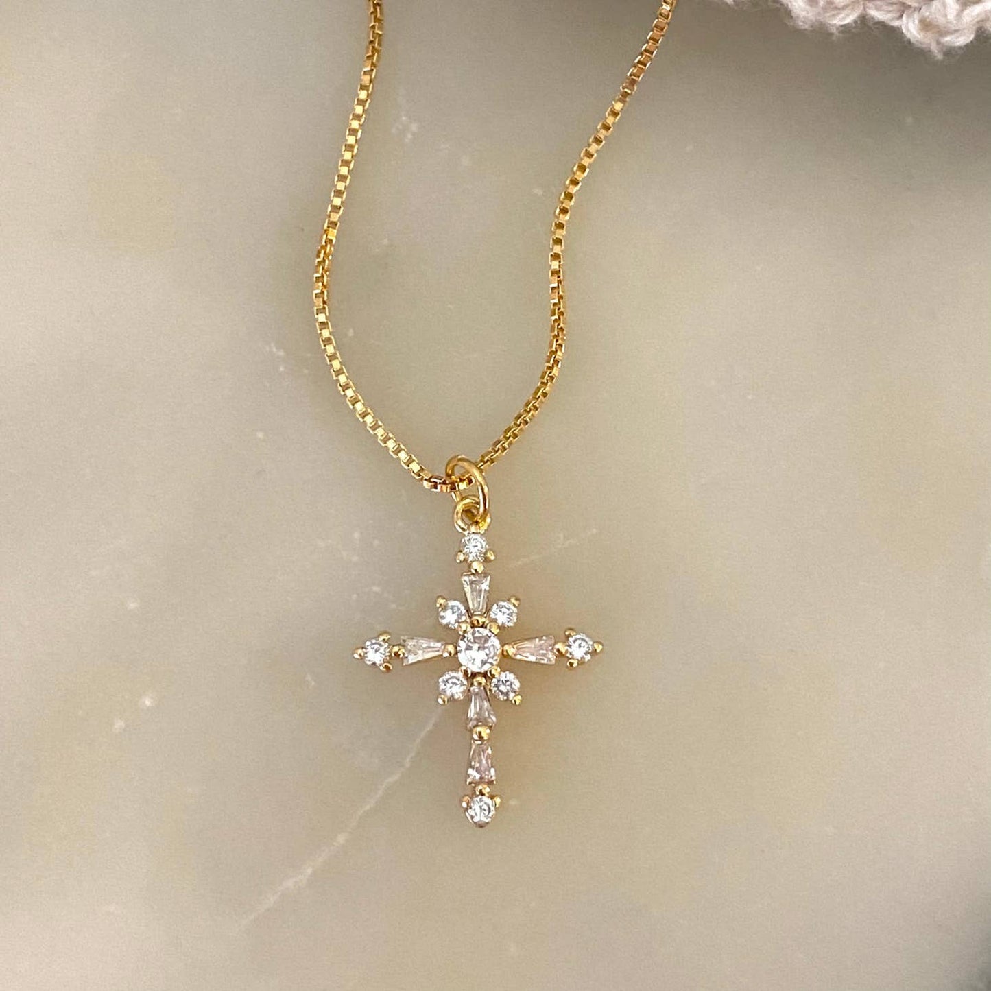 18k Gold Filled Chain Cross Charm Pendant Glass Gold Plated