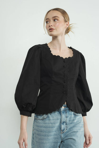 Square Neck Scallop Edge Hemline Blouse