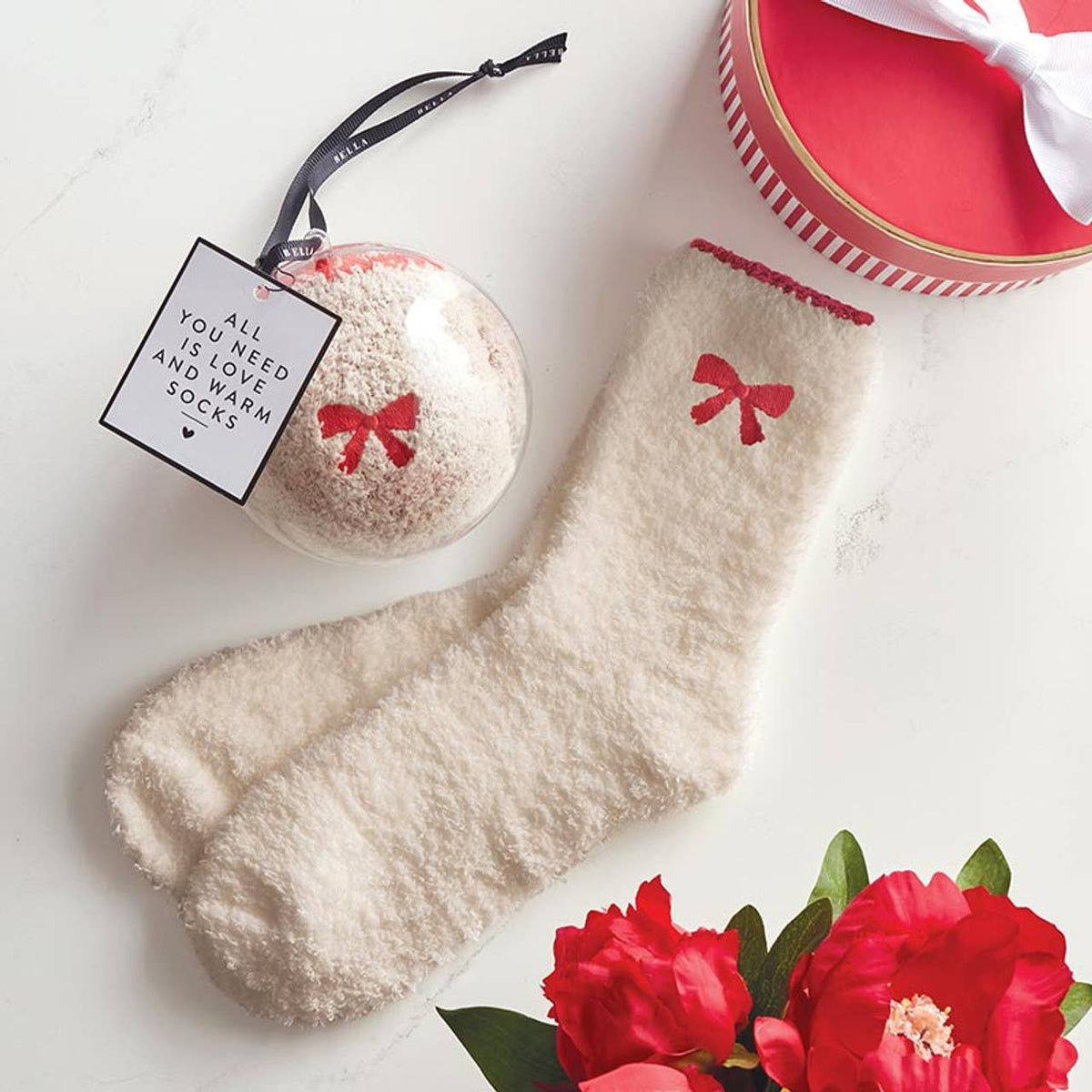 Cozy Blush with Red Bow Socks