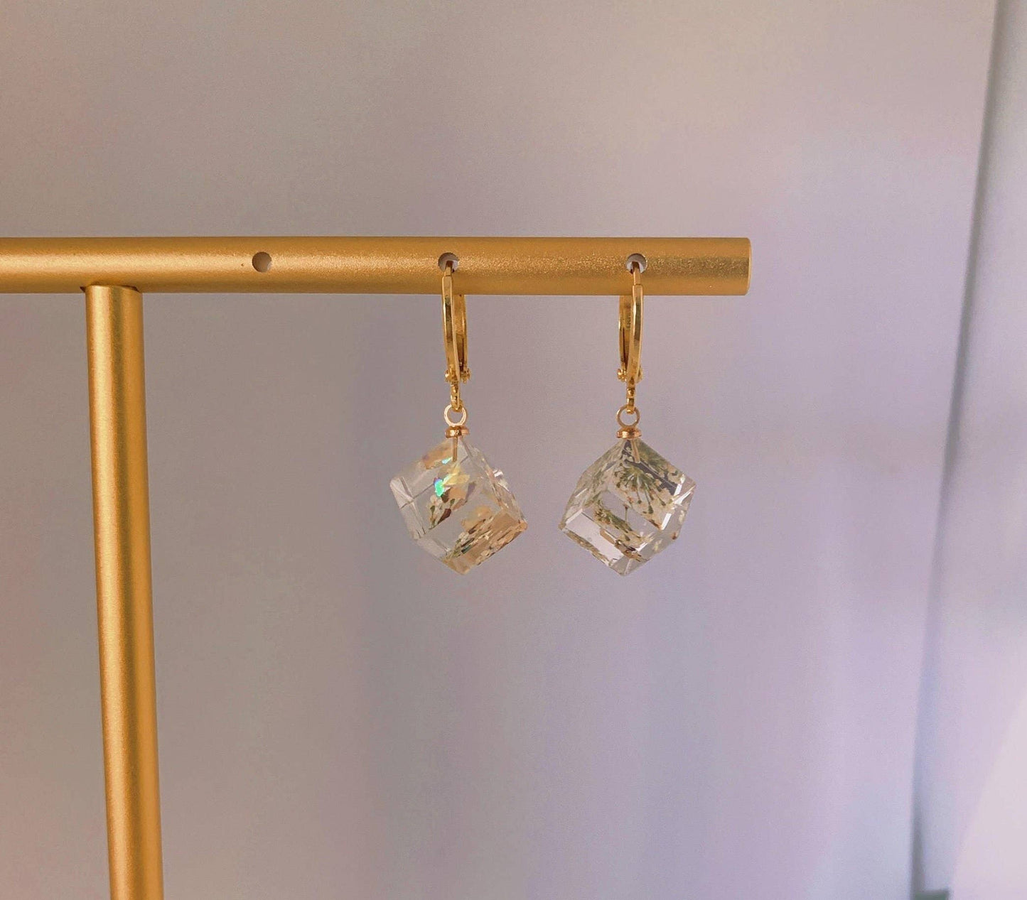 Unique Preserved Dandelion Cube Earrings