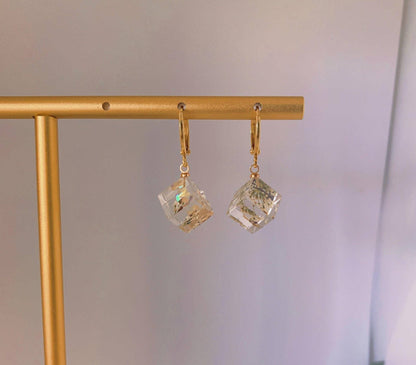 Unique Preserved Dandelion Cube Earrings