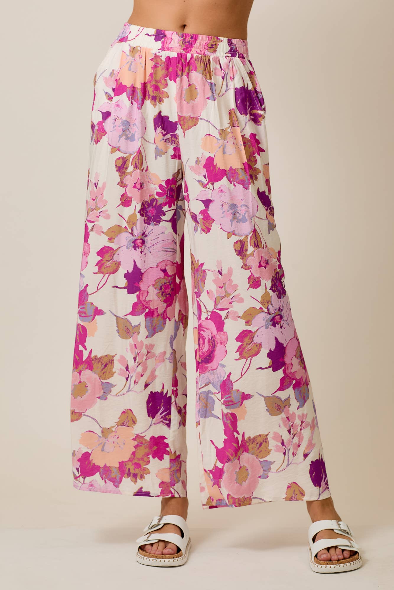 Skylar Rose - Floral Wide-Leg Pants with Elastic Waistband & Pockets