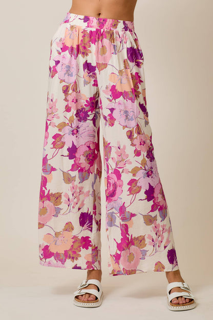 Skylar Rose - Floral Wide-Leg Pants with Elastic Waistband & Pockets