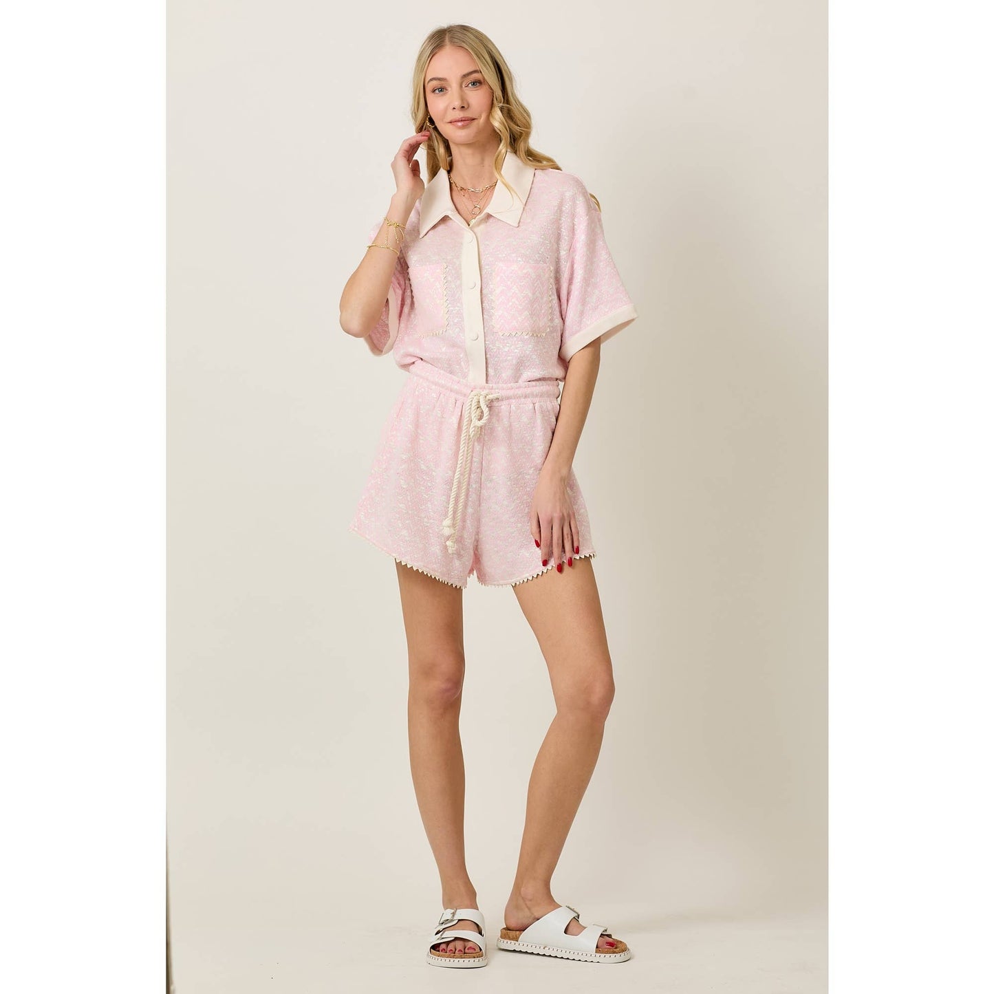 Skylar Rose - Knit Collar Short Sleeve Set With Contrast Detail