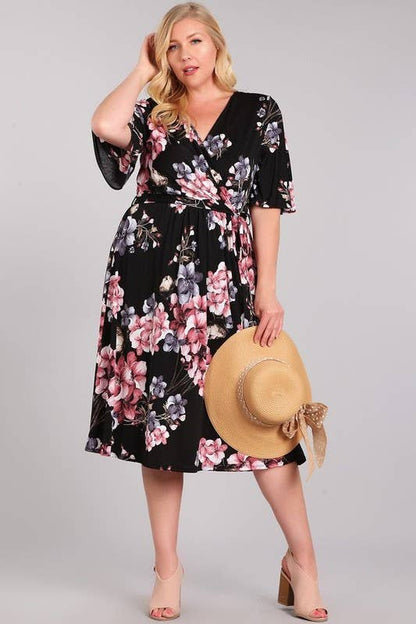 Woven Floral Wrap Midi Dress