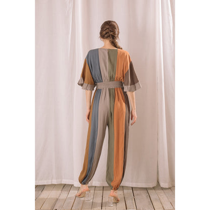 Dark Color Block Dolman Sleeve Jumpsuit