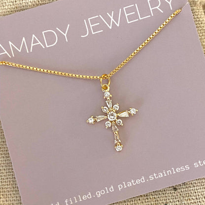 18k Gold Filled Chain Cross Charm Pendant Glass Gold Plated