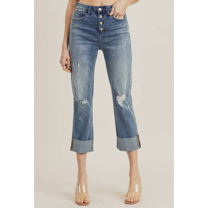 High Waist Distressed Straight Leg Jeans