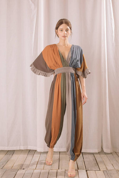 Dark Color Block Dolman Sleeve Jumpsuit