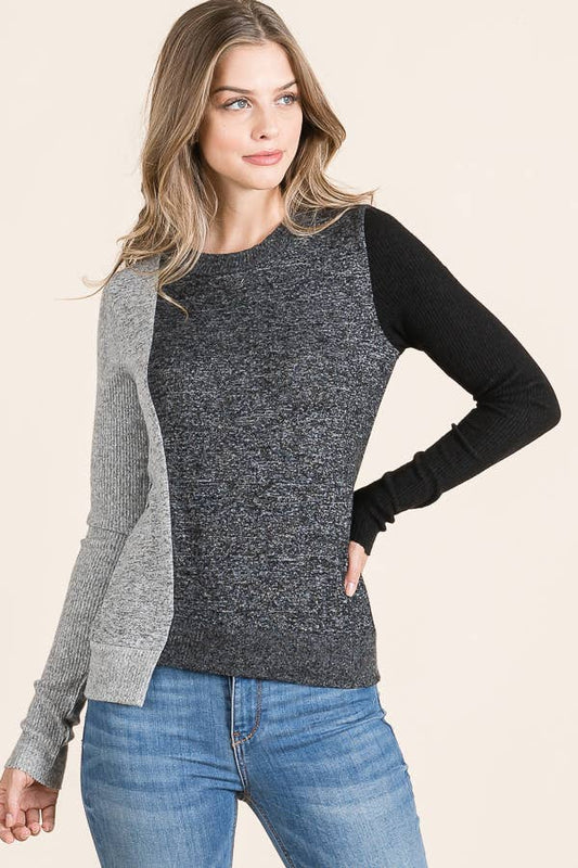 Rib Color Block Round Neck Long Sleeve Top